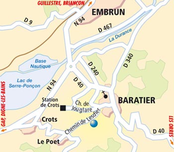 Plan d'acc�s � l'h�tel-restaurant les Peupliers � Baratier pr�s d'Embrun et du lac de serre-pon�on dans les Hautes-Alpes 05